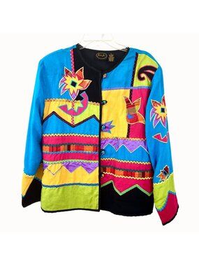 VTG 90'S JULIA KIM ART TO WEAR EMBROIDERED PATCHWORK JACKET GLASS BUTTONS L